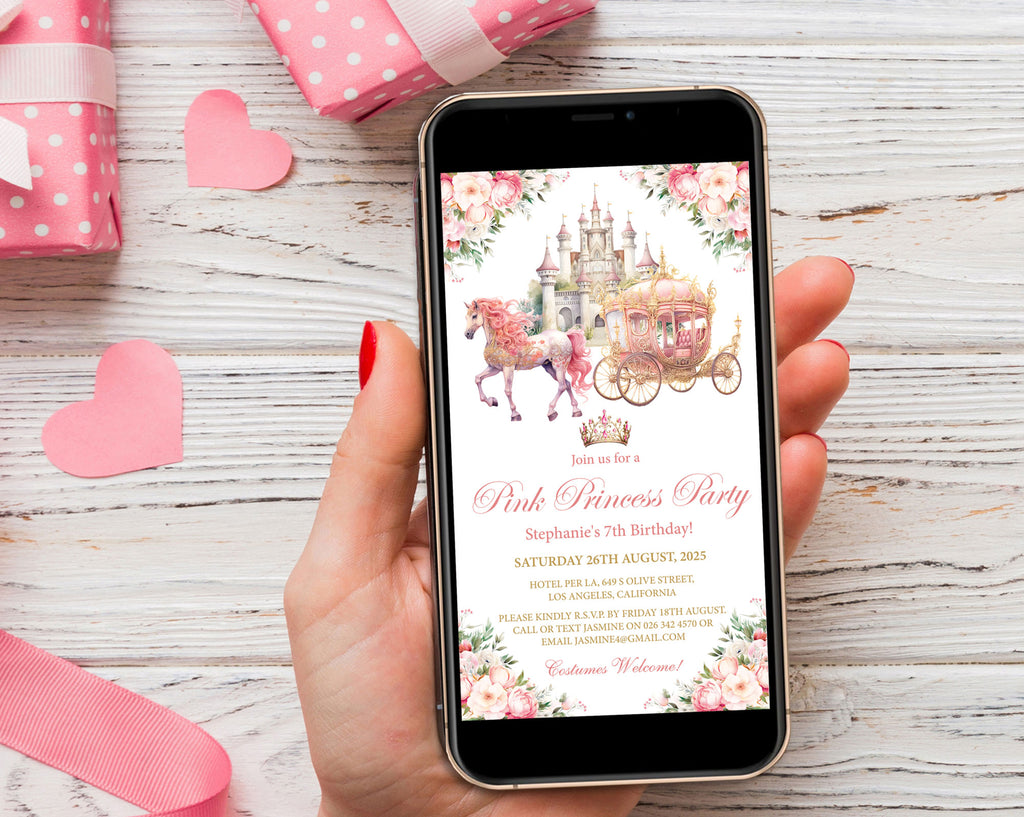 Princess Birthday Mobile Invite, Pink Flowers, Horse, Gold Carriage, Castle, Crown