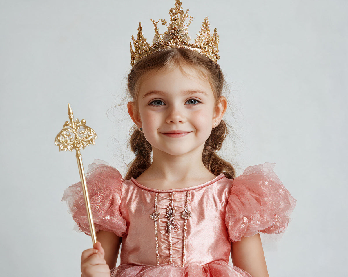A young girl with braided hair wearing a sparkling gold crown and a shiny pink princess dress, holding a matching gold scepter against a light gray studio background.