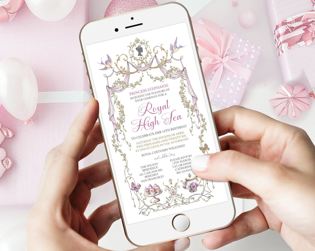 Phone displaying a royal princess high tea invitation with decorative elements on a pink background with gifts in the background