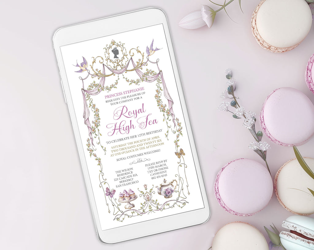 pretty Digital mobile invitation on a phone with macarons on a light background