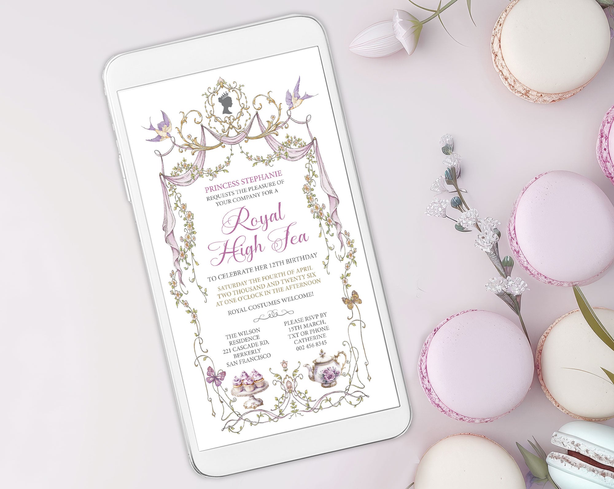 pretty Digital mobile invitation on a phone with macarons on a light background