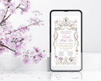 Phone screen displaying a royal princess high tea invitation with cherry blossoms in the background