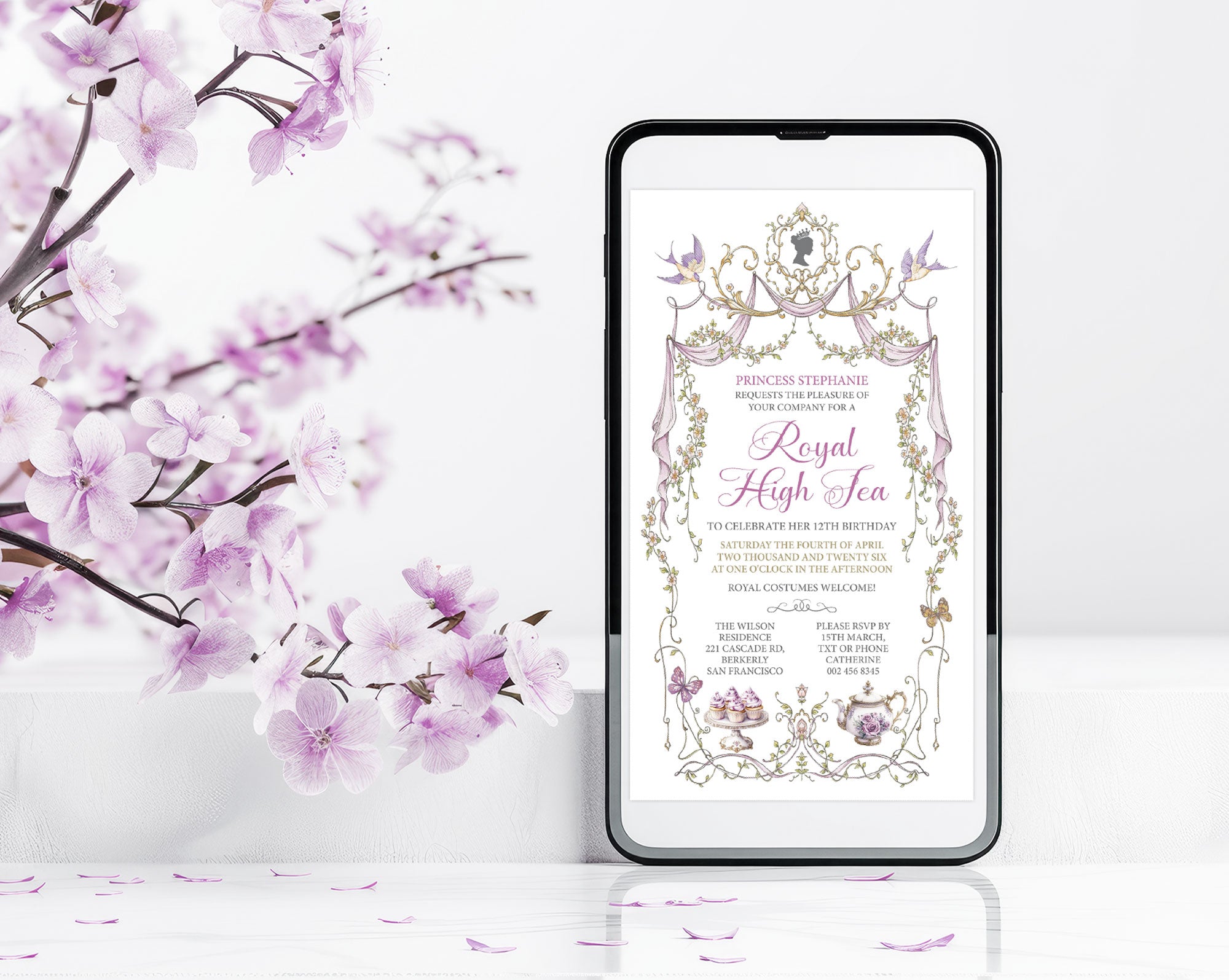 Phone screen displaying a royal princess high tea invitation with cherry blossoms in the background