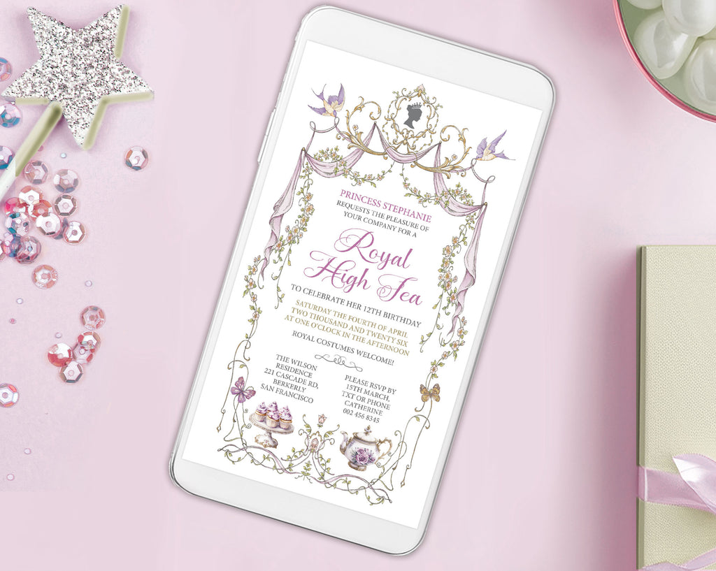 Digital mobile invitation for a 'Royal High Tea' for a princess with decorative items including princess Silhouette on a pink background
