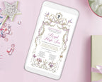 Digital mobile invitation for a 'Royal High Tea' for a princess with decorative items including princess Silhouette on a pink background