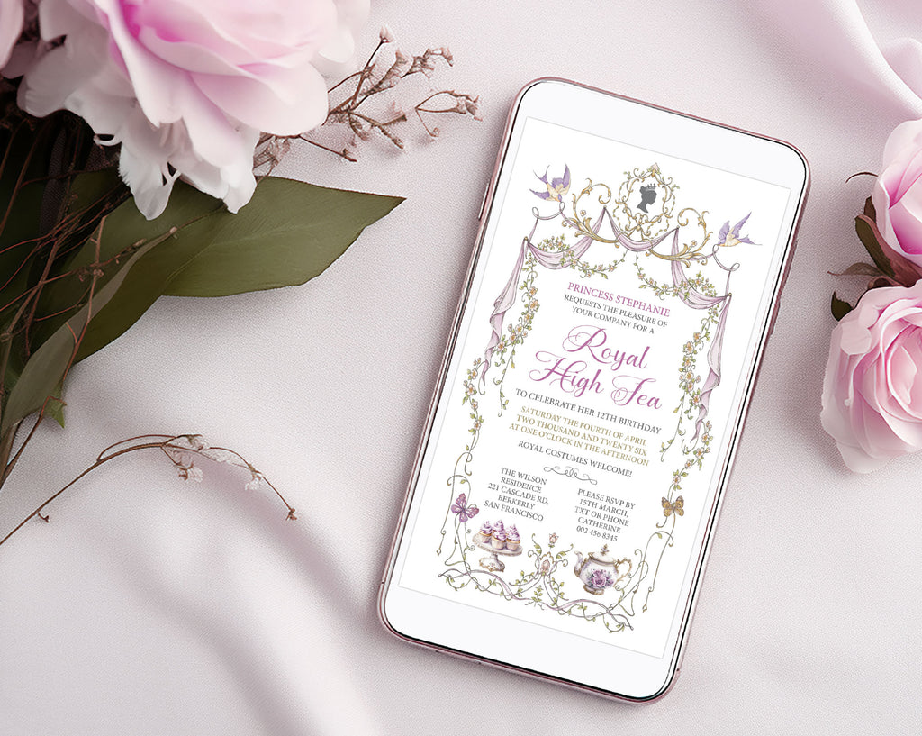 smart Phone displaying a floral princess invitation design with princess Silhouette and birds on a light pink background with flowers.