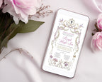 smart Phone displaying a floral princess invitation design with princess Silhouette and birds on a light pink background with flowers.