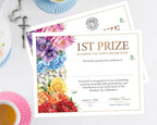 two rainbow tea 1st prize certificates with bright flowers and one with church logo, laying on a white table top with a tea service and a crucifix necklace next to them