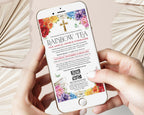 A person holds a smartphone displaying a colorful church fundraiser flyer titled 'Rainbow Tea' with floral artwork, a cross, and event details. The hands and phone are centered against a soft beige background with decorative folded paper fans on both sides.
