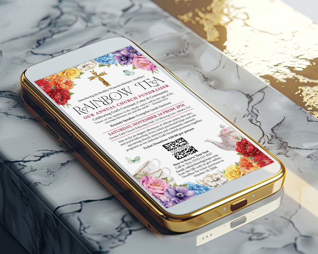 A smartphone with a gold frame lies on a white marble surface, displaying a colorful fundraising flyer for 'Rainbow Tea' with floral illustrations and event details.