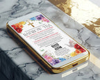 A smartphone with a gold frame lies on a white marble surface, displaying a colorful fundraising flyer for 'Rainbow Tea' with floral illustrations and event details.