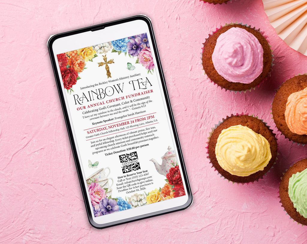 A smartphone lying on a pink textured surface, displaying a colorful fundraising invitation for a 'Rainbow Tea' event. The phone is styled in a flat-lay composition alongside several frosted cupcakes in pink, yellow, orange, and green on the right side.