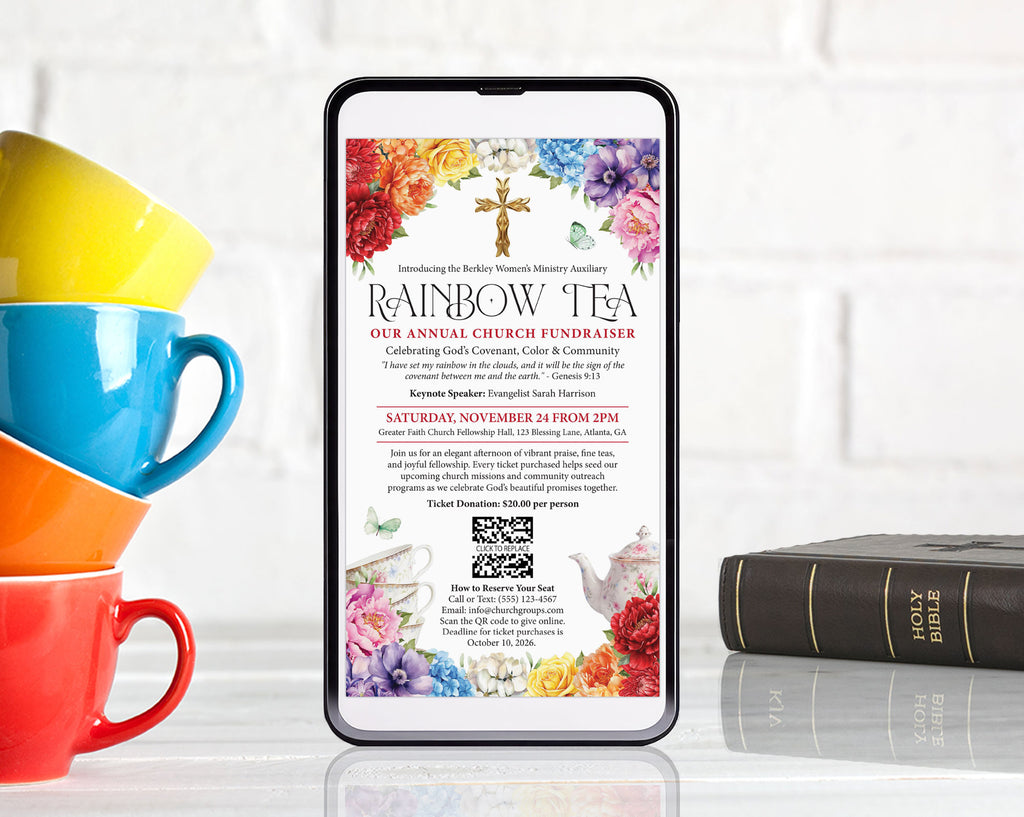 A smartphone centered on a reflective white surface, displaying a colorful church fundraiser invitation titled 'Rainbow Tea.' Surrounding the phone are stacked bright yellow, blue, and red mugs on the left, and a dark leather-bound Bible on the right, against a white brick wall background.