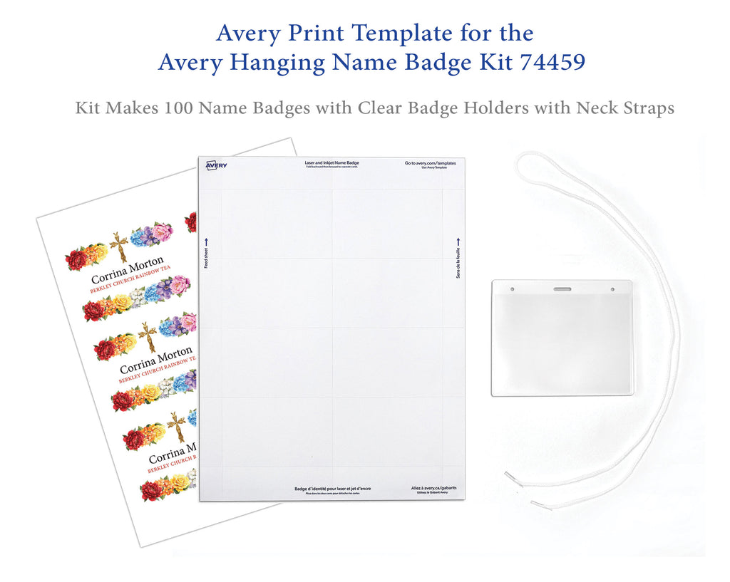 Avery Print Template for the Avery Hanging Name Badge Kit 74459, showing a white name badge blank sheet, a sheet of colorful sample name badges with gold crosses, and a clear plastic badge holder with neck strap on a white background.