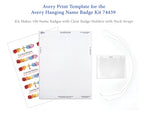 Avery Print Template for the Avery Hanging Name Badge Kit 74459, showing a white name badge blank sheet, a sheet of colorful sample name badges with gold crosses, and a clear plastic badge holder with neck strap on a white background.