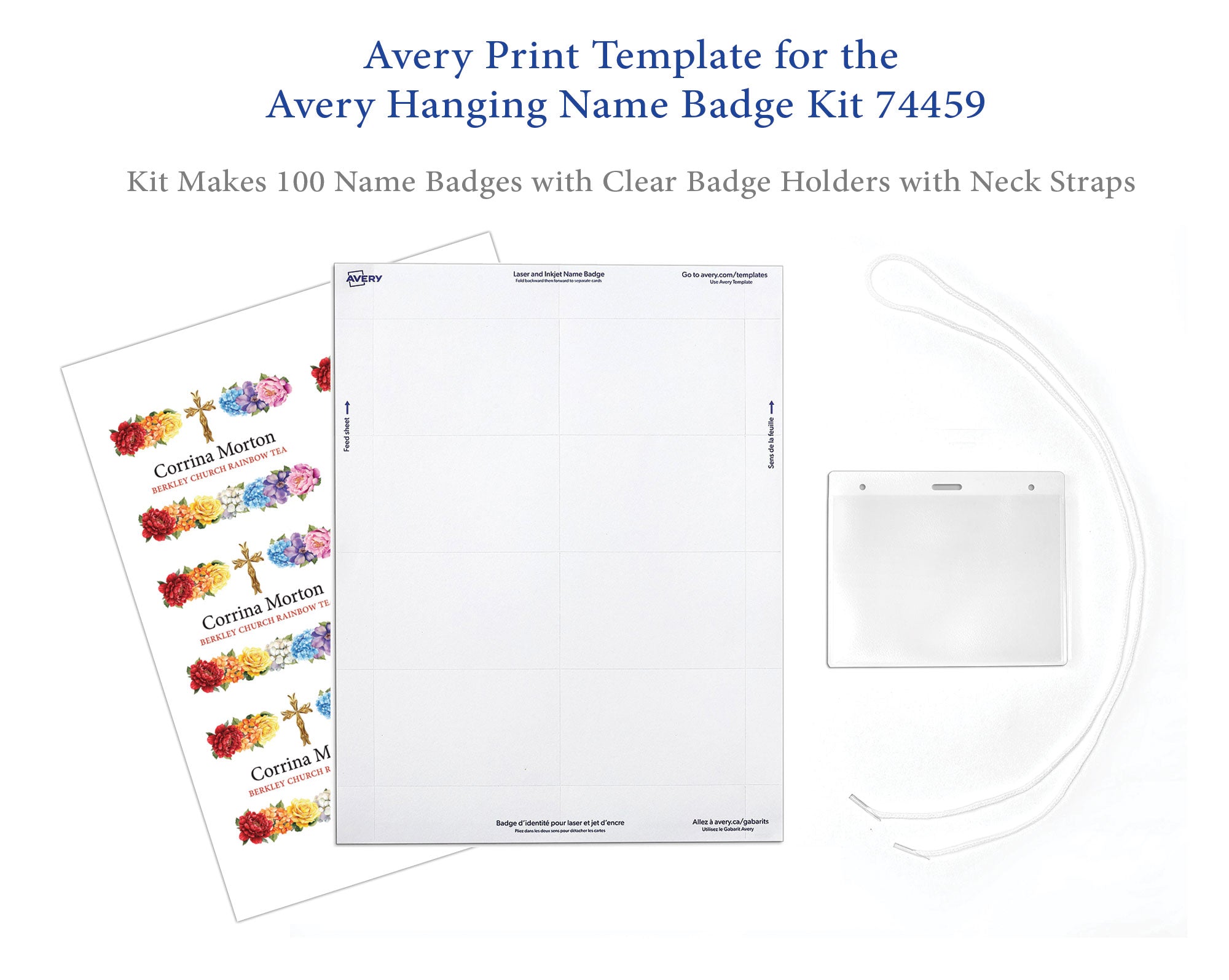 Avery Print Template for the Avery Hanging Name Badge Kit 74459, showing a white name badge blank sheet, a sheet of colorful sample name badges with gold crosses, and a clear plastic badge holder with neck strap on a white background.