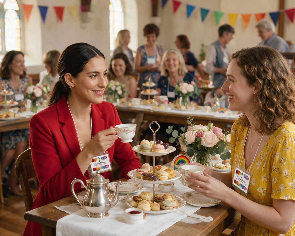 Two women sitting at a table in a tea room setting, smiling and holding teacups. The woman on the left wears a bright red blazer, and the woman on the right wears a yellow floral dress.