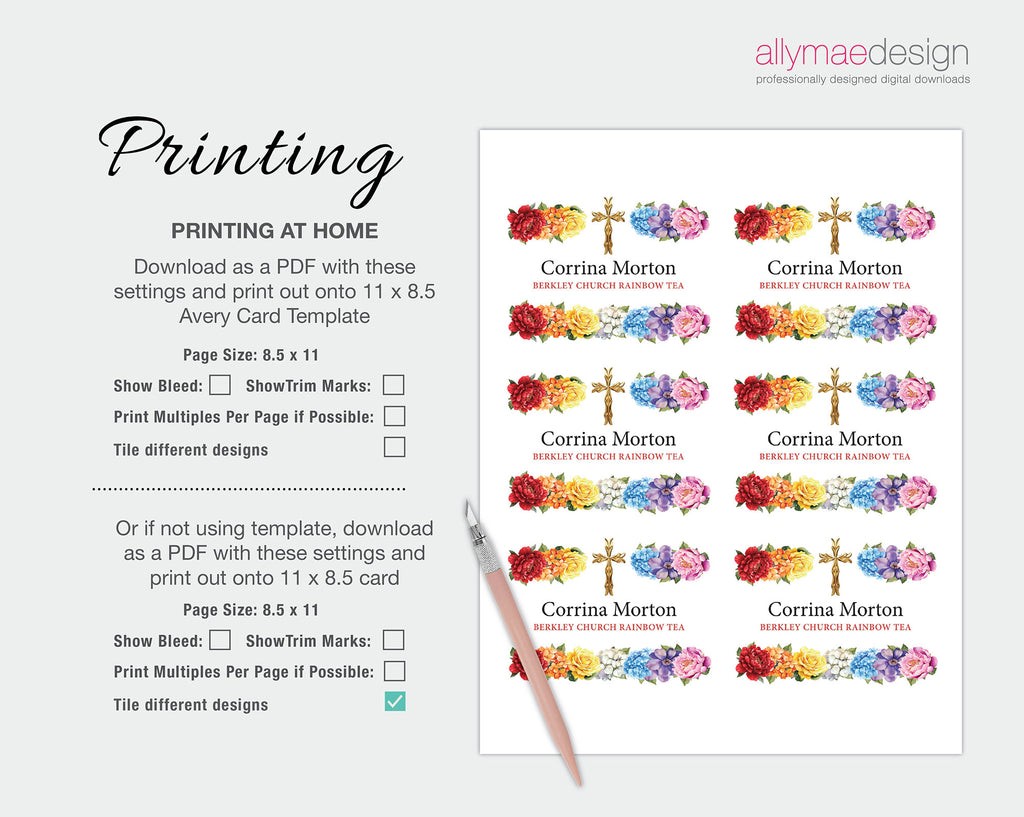 A digital preview graphic for a printable tea label template, showing a sample sheet of nine rectangular labels with colorful floral designs and gold crosses on a white background. Text on the left explains printing settings and PDF download options.