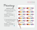 A digital preview graphic for a printable tea label template, showing a sample sheet of nine rectangular labels with colorful floral designs and gold crosses on a white background. Text on the left explains printing settings and PDF download options.