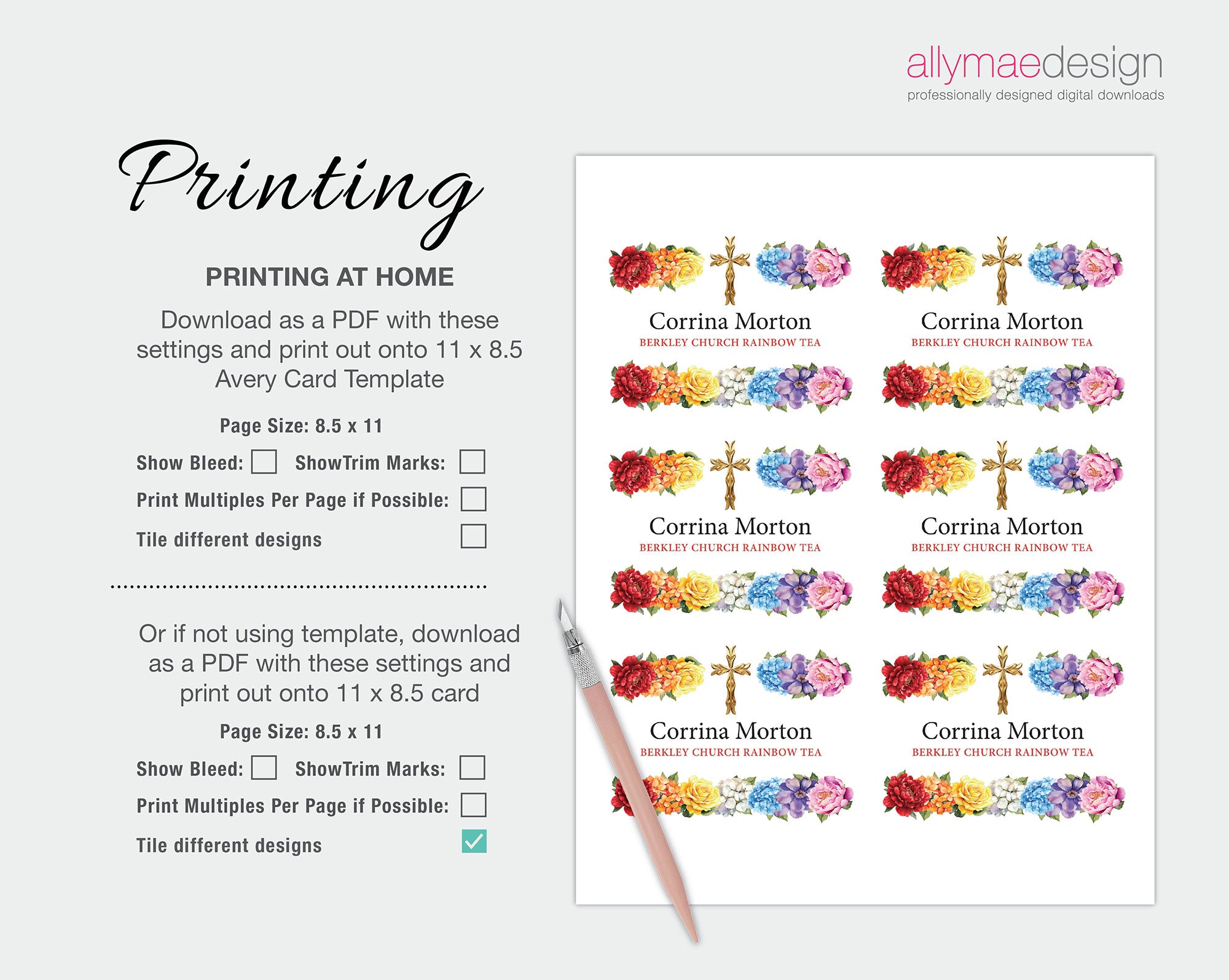 A digital preview graphic for a printable tea label template, showing a sample sheet of nine rectangular labels with colorful floral designs and gold crosses on a white background. Text on the left explains printing settings and PDF download options.