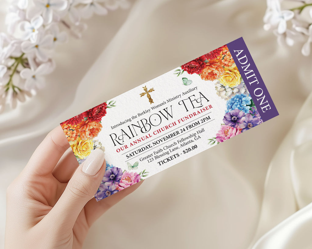 a lady's hand holding an elegant rainbow tea party church event ticket with a white background and some flowers