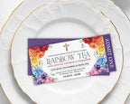 two party tickets for a church rainbow tea event showing front and back, laying on white plates with gold rim