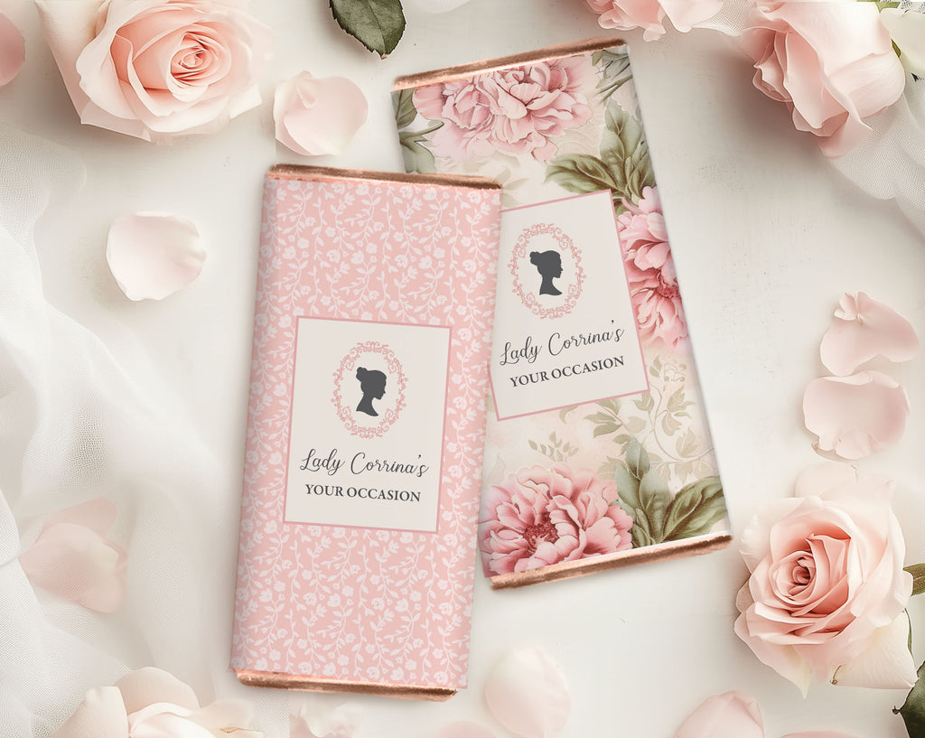Two regency styled floral-themed boxes with cameo detail on a white background with pink roses