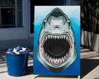 A vertical printed board featuring a large cartoon shark face with an open mouth, set outdoors beside a blue bucket filled with blue-and-white starfish. The scene includes a building entrance, tiled floor, and potted plants.