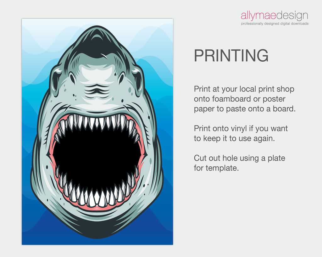 A shark face art print preview on a light gray page with printed instructions for mounting and printing, including foamboard, poster paper, and vinyl options. The shark illustration has blue water in the background and is shown in a clean, graphic design style.
