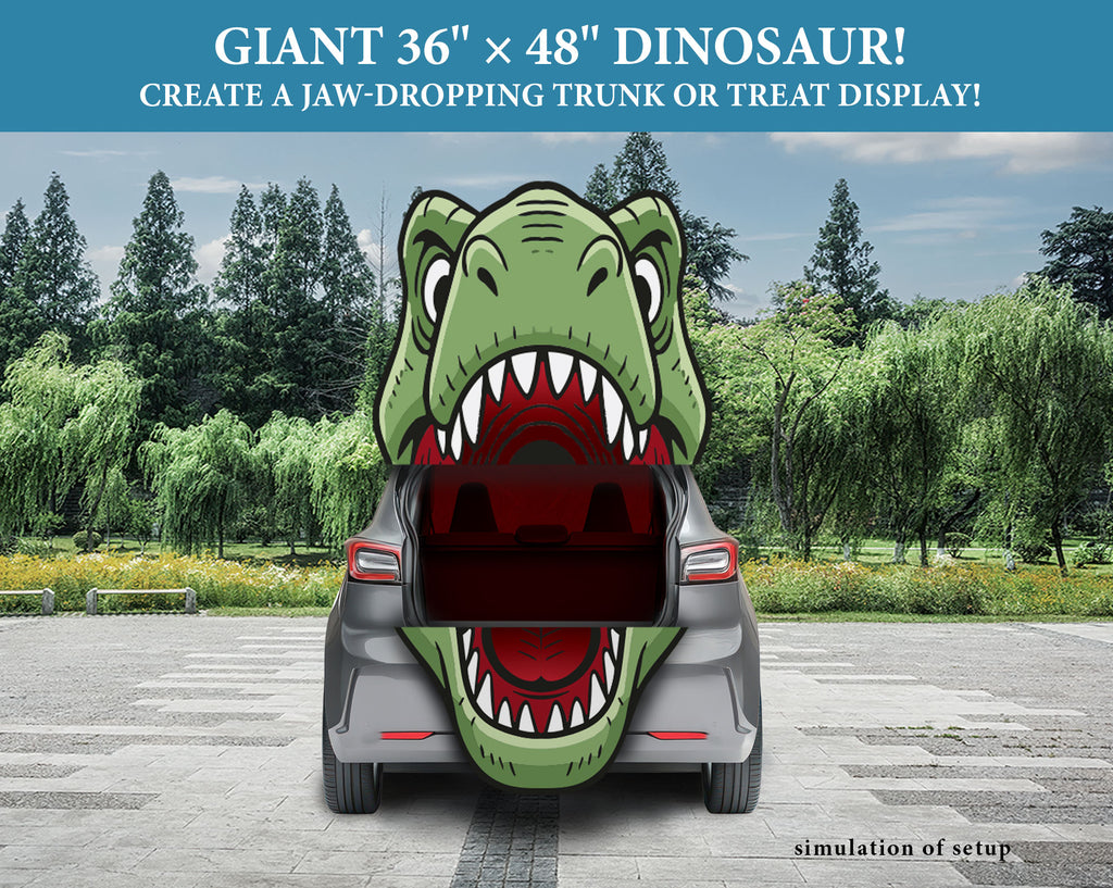 A car trunk shown from the back with a large green dinosaur head graphic printed across it, set in a paved outdoor area with trees. Text at the top reads 'GIANT 36" x 48" DINOSAUR! CREATE A JAW-DROPPING TRUNK OR TREAT DISPLAY!' and 'simulation of setup' appears at the bottom right.