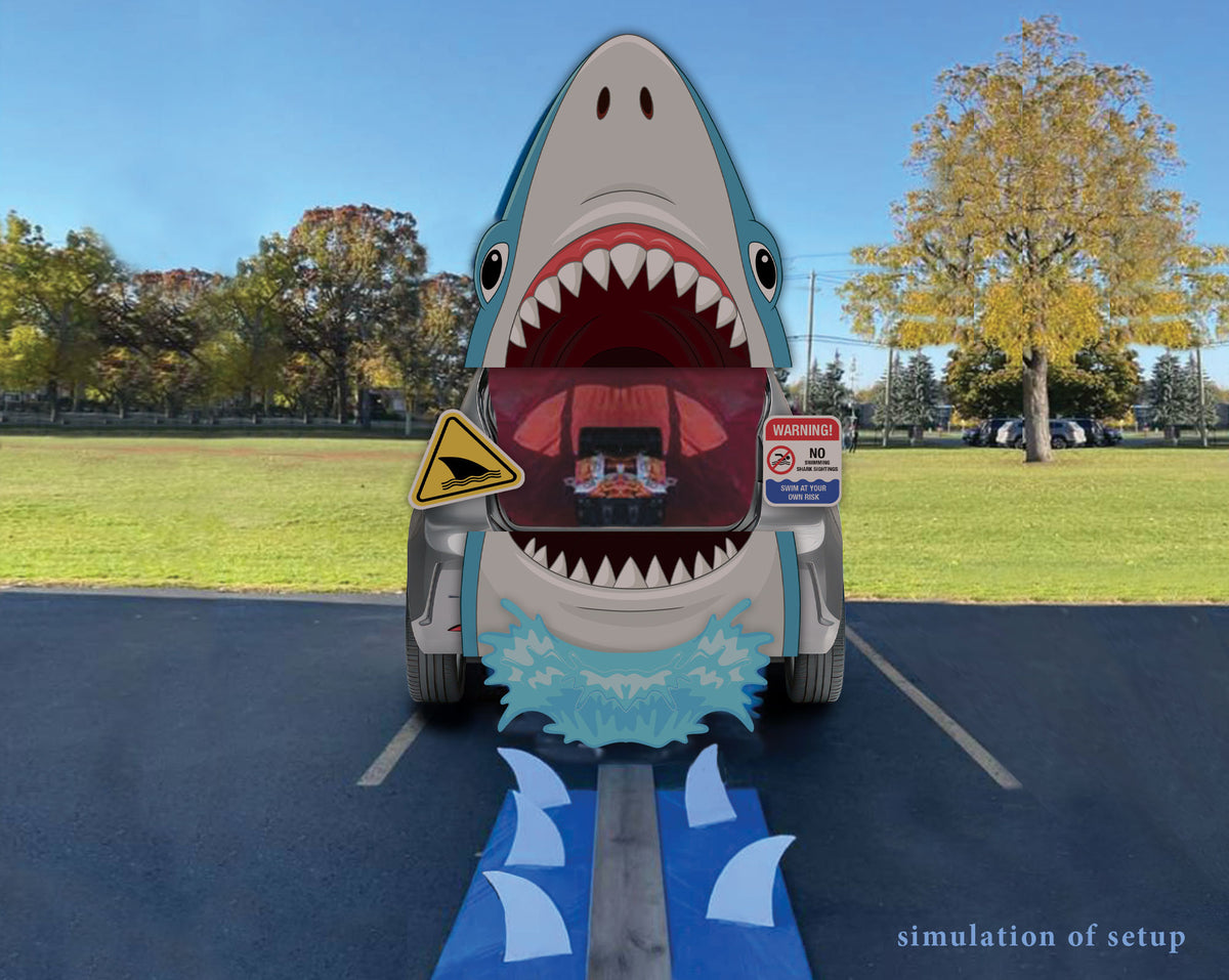 Shark warning sign set by Allyma Design, including a large shark face sign, a blue wave sign, two beach closed warning signs, and two separate fin cutouts, with text detailing the included pieces.