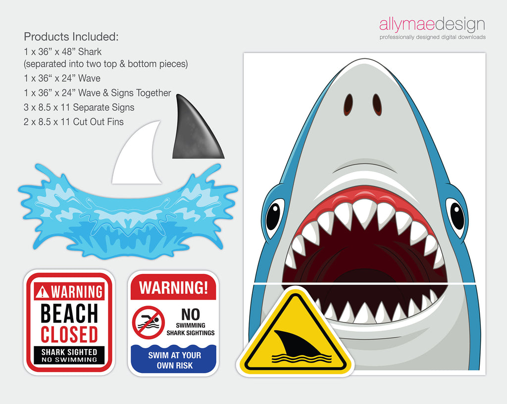 A shark-themed product guide showing a large open-mouthed shark illustration on the left and text ion the right explaining what's included are 36" x 48" shark signs, 36" x 24" wave signs, and combined wave & signs.