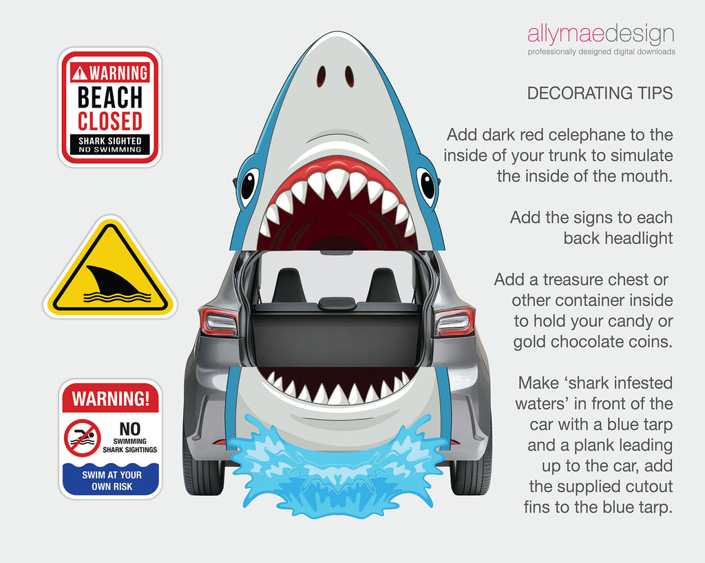 Decoration tips for a shark-themed car decoration design.  Showing a grey car from the back, featuring a shark face in the trunk opening, white teeth, blue water splashes at the bottom.