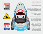 Decoration tips for a shark-themed car decoration design.  Showing a grey car from the back, featuring a shark face in the trunk opening, white teeth, blue water splashes at the bottom.