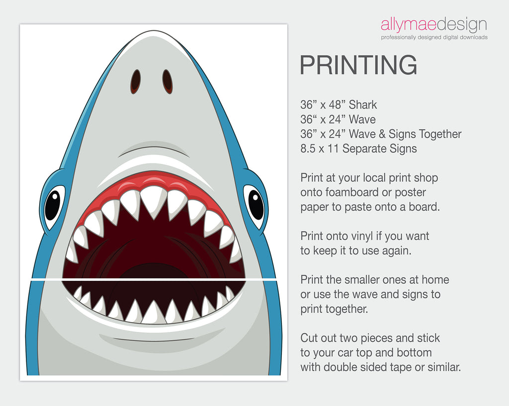 A shark-themed printing guide from allymaedesign showing a large open-mouthed shark illustration on the left and text instructions on the right for making 36" x 48" shark signs, 36" x 24" wave signs, and combined wave & signs.