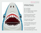 A shark-themed printing guide from allymaedesign showing a large open-mouthed shark illustration on the left and text instructions on the right for making 36" x 48" shark signs, 36" x 24" wave signs, and combined wave & signs.