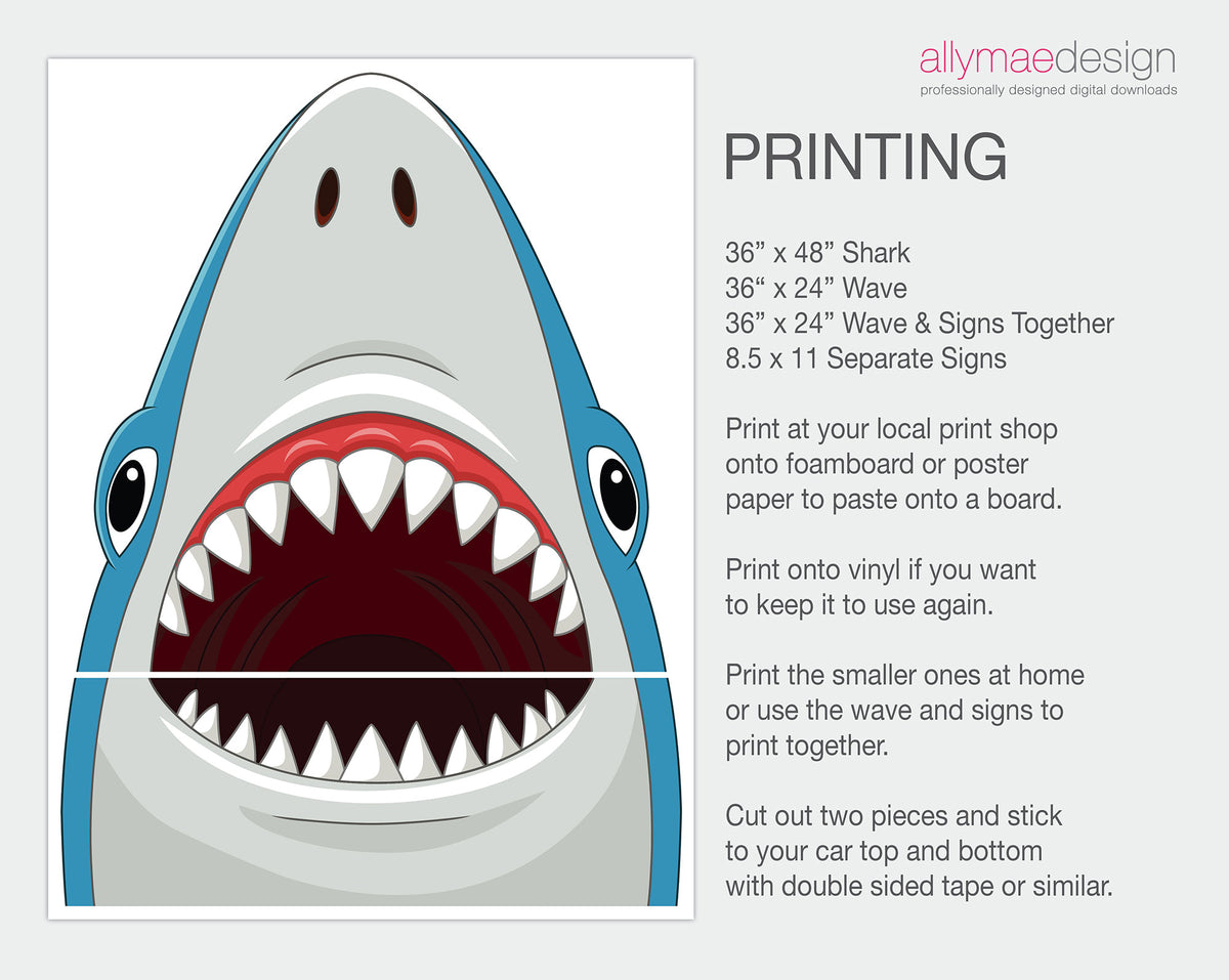 A shark-themed printing guide from allymaedesign showing a large open-mouthed shark illustration on the left and text instructions on the right for making 36" x 48" shark signs, 36" x 24" wave signs, and combined wave & signs.