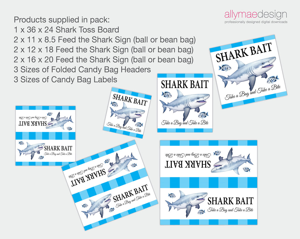 A product listing graphic for a shark-themed fishing tackle gift set by Allymea Design. The image features a text header listing the contents of the pack, including a Shark Toss Board, various Feed the Shark signs, and multiple sizes of folded Candy Bag Headers and Labels.