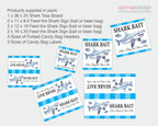 A product listing graphic for a shark-themed fishing tackle gift set by Allymea Design. The image features a text header listing the contents of the pack, including a Shark Toss Board, various Feed the Shark signs, and multiple sizes of folded Candy Bag Headers and Labels.