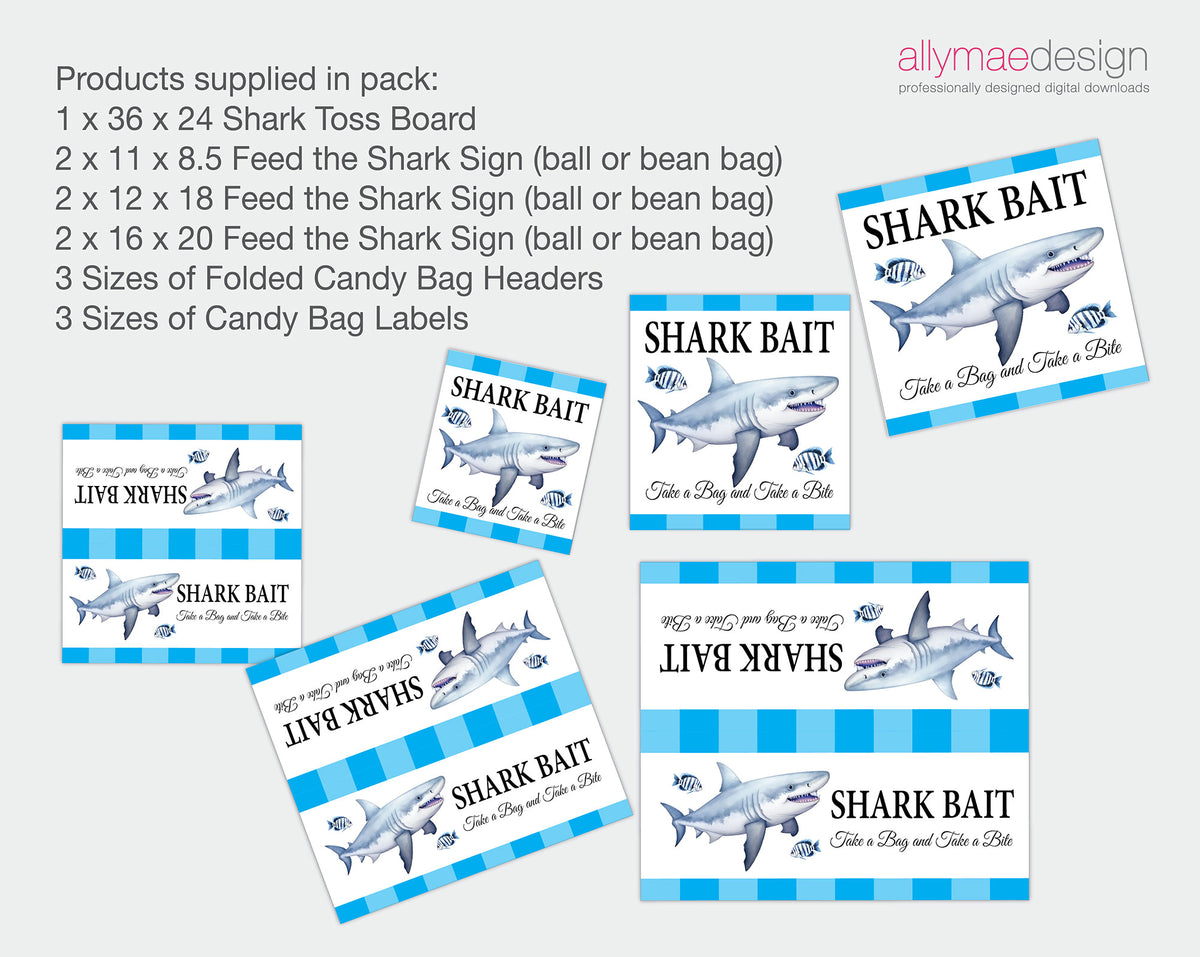 A product listing graphic for a shark-themed fishing tackle gift set by Allymea Design. The image features a text header listing the contents of the pack, including a Shark Toss Board, various Feed the Shark signs, and multiple sizes of folded Candy Bag Headers and Labels.