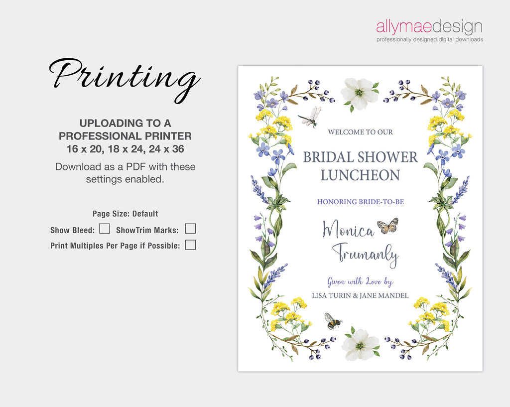 printing instructions for the wildflower bridal shower luncheon welcome signs