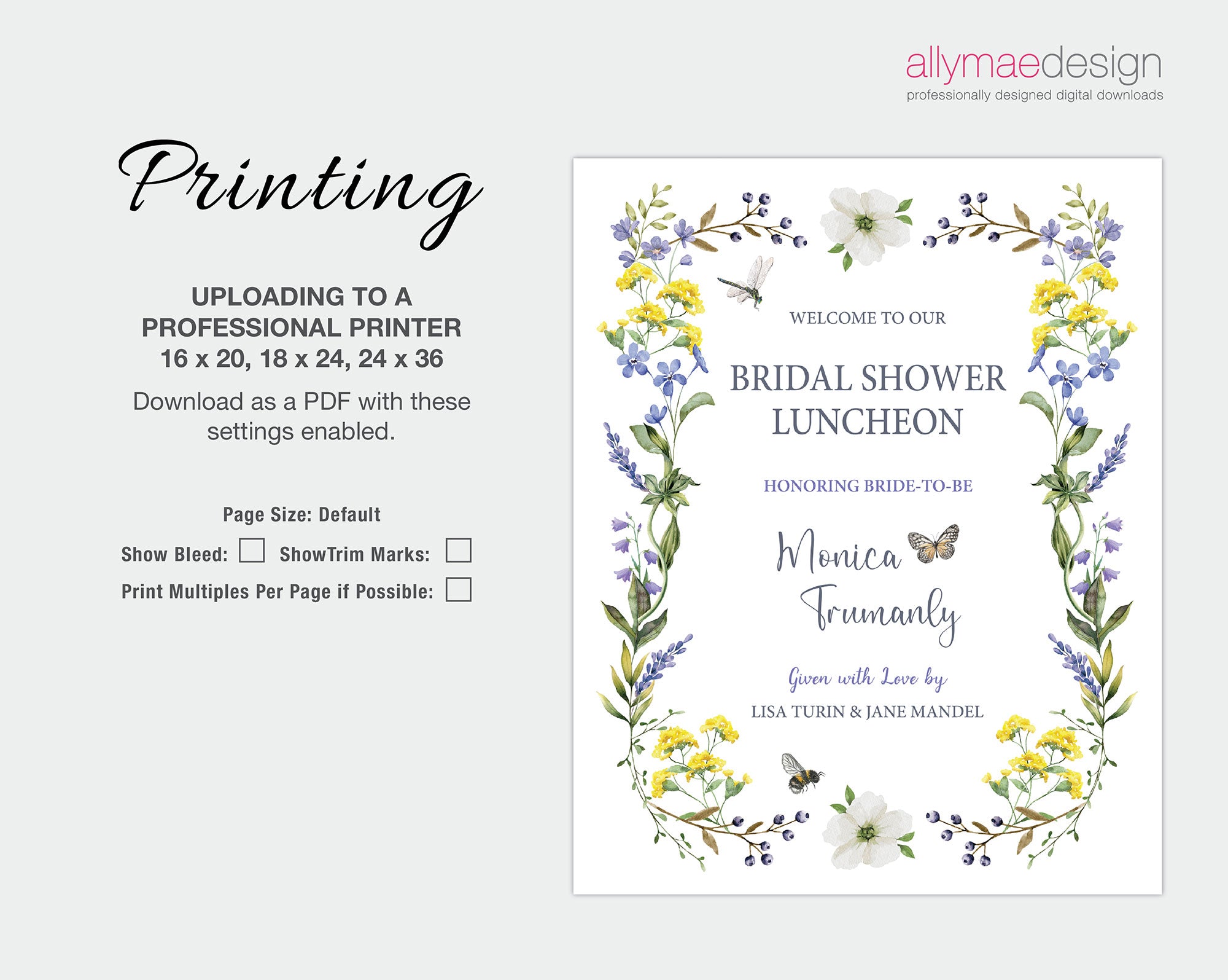 printing instructions for the wildflower bridal shower luncheon welcome signs
