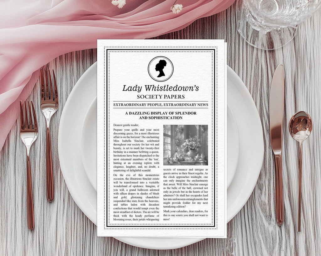 4 Page, black and white folded MS WORD Whistledown Society Scandal Leaflet with Afro Puff cameo, laying on a white plate with cutlery and gauzy pink cloth at the top