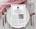4 Page, black and white folded MS WORD Whistledown Society Scandal Leaflet with Afro Puff cameo, laying on a white plate with cutlery and gauzy pink cloth at the top