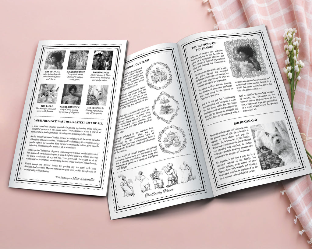Two MS Word Whistledown styled leaflets with Afro Puff cameo in black and white, one open to show the inside and one closed showing the back laying on a pink surface next to a pink tablecloth