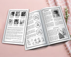 Two MS Word Whistledown styled leaflets with Afro Puff cameo in black and white, one open to show the inside and one closed showing the back laying on a pink surface next to a pink tablecloth