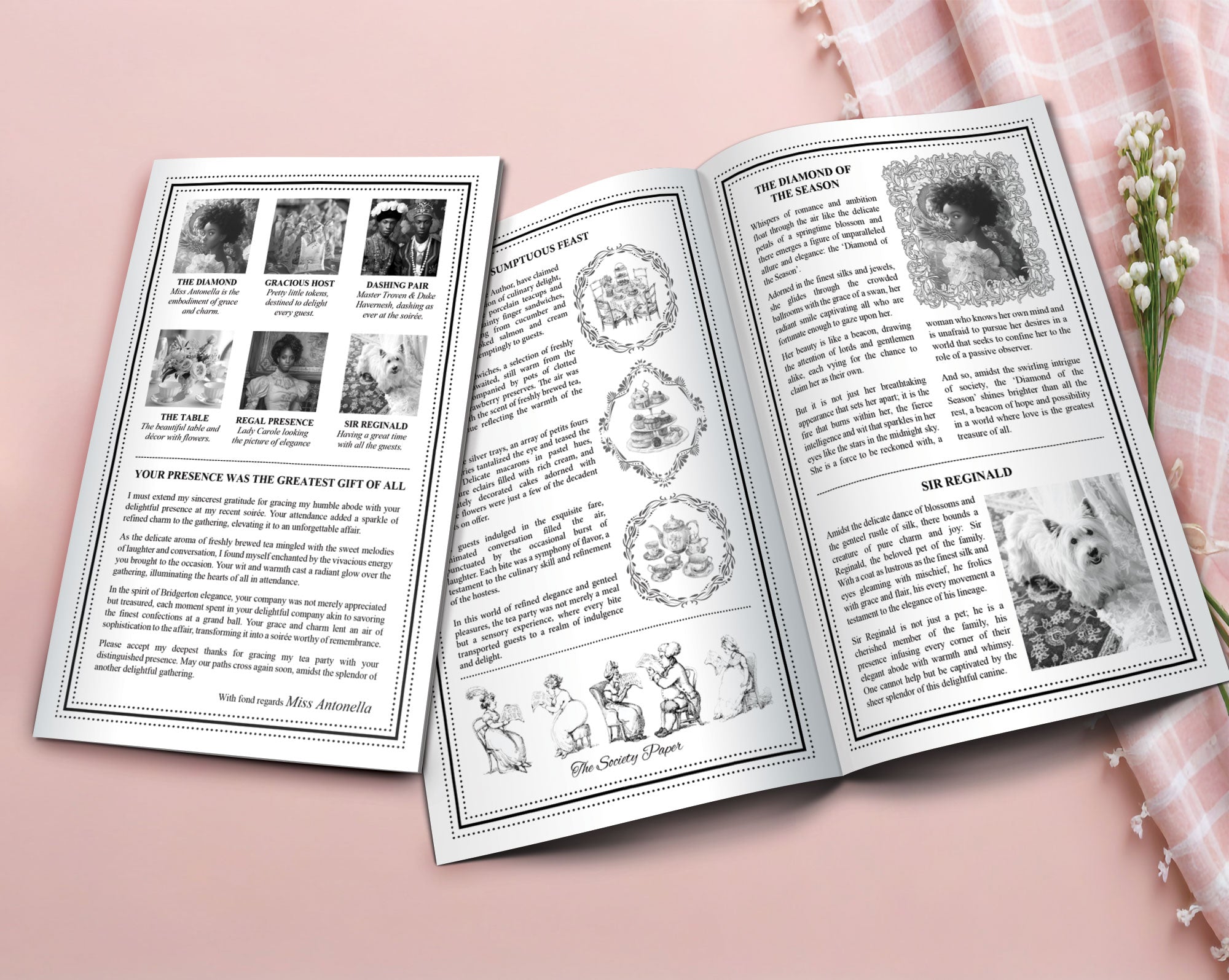 Two MS Word Whistledown styled leaflets with Afro Puff cameo in black and white, one open to show the inside and one closed showing the back laying on a pink surface next to a pink tablecloth