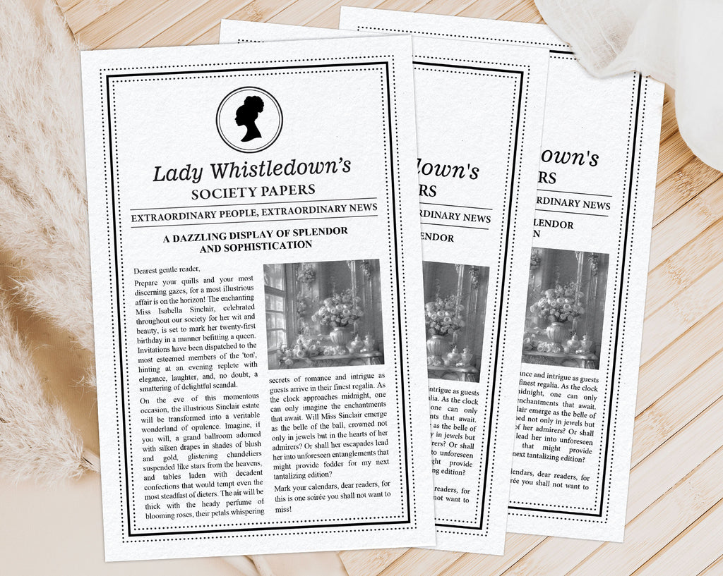 3 lady whistledown black and white MS Word society leaflets with Afro Puff cameo, fanned out and laying on a wooden surface