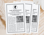 3 lady whistledown black and white MS Word society leaflets with Afro Puff cameo, fanned out and laying on a wooden surface