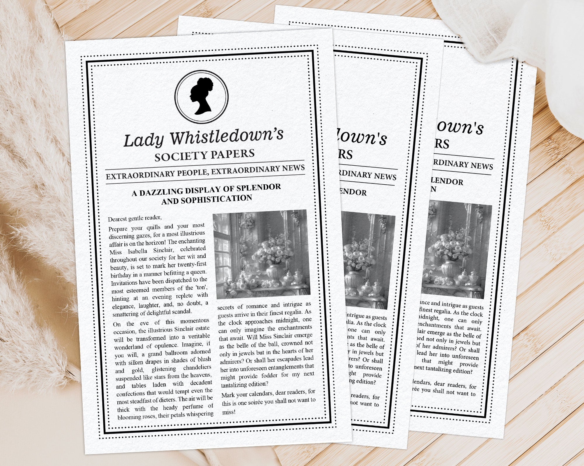 3 lady whistledown black and white MS Word society leaflets with Afro Puff cameo, fanned out and laying on a wooden surface